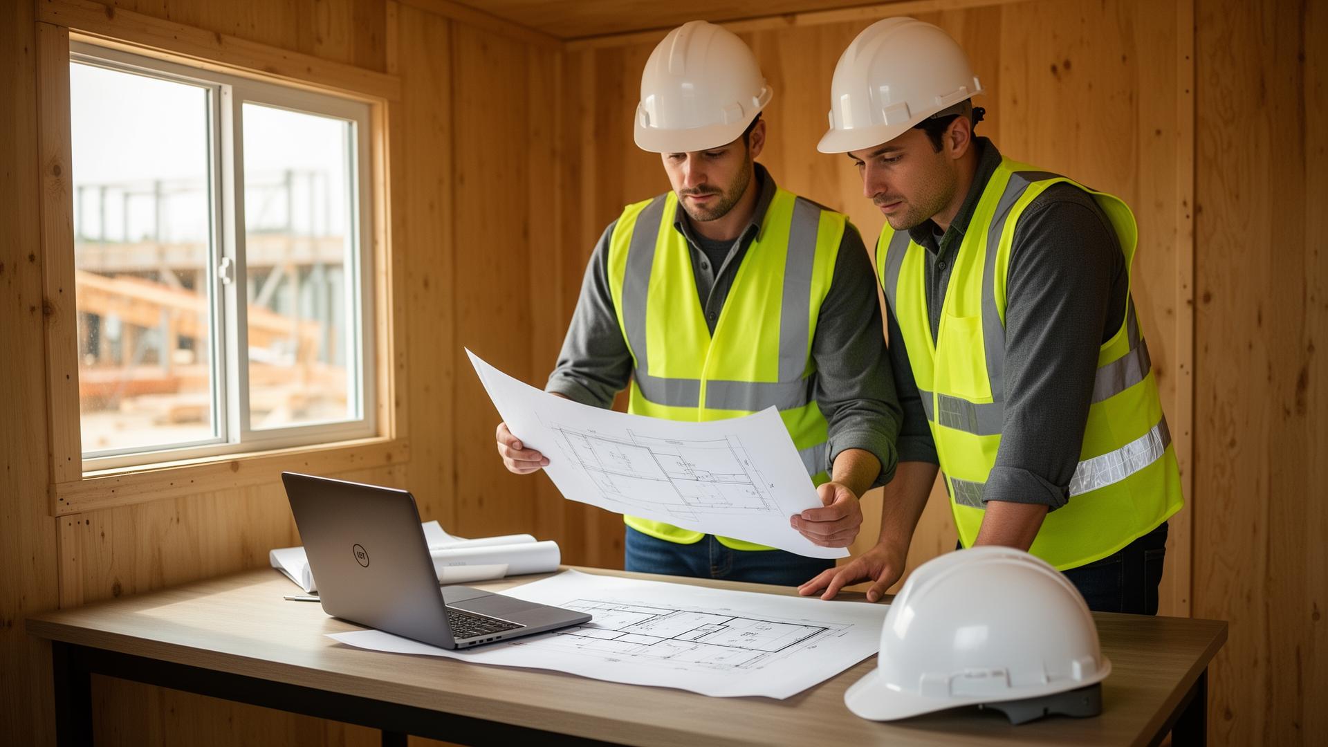 Contractors reviewing project plans on a job site